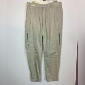 Vince Linen Blend Neutral High Waist Tapered Cargo Pants w/ zippers